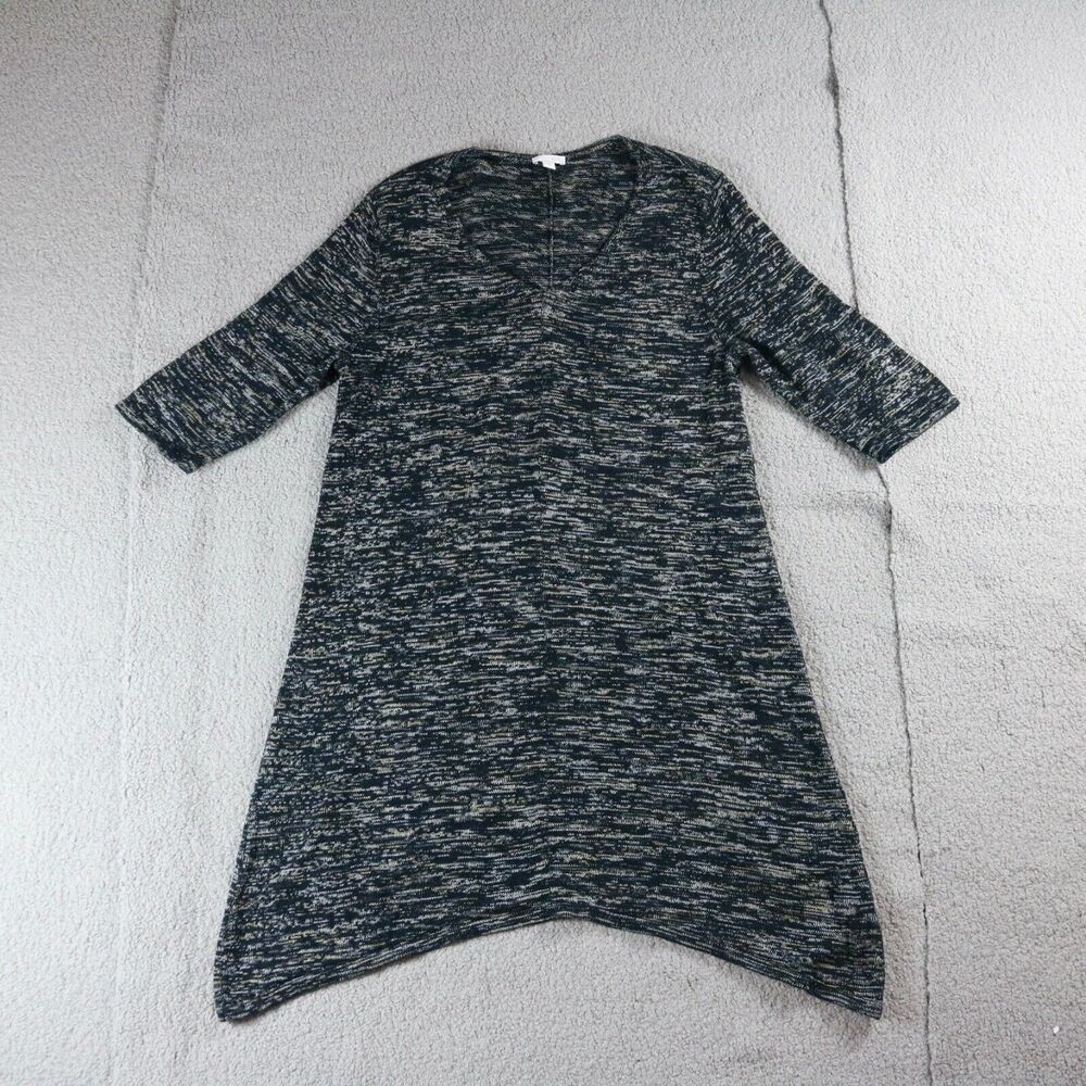J Jill Dress Large Heather Black Sweater Dress Silk Cotton V Neck 3/4 Sleeve